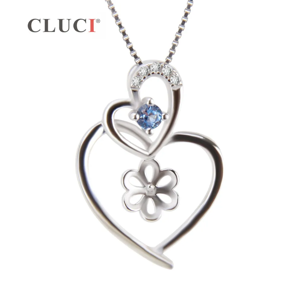 CLUCI Double Heart Pendant fitting for pearl jewelry DIY Sterling 925 Silver Blue Zircon necklace Valentine's GIFT SP182SB