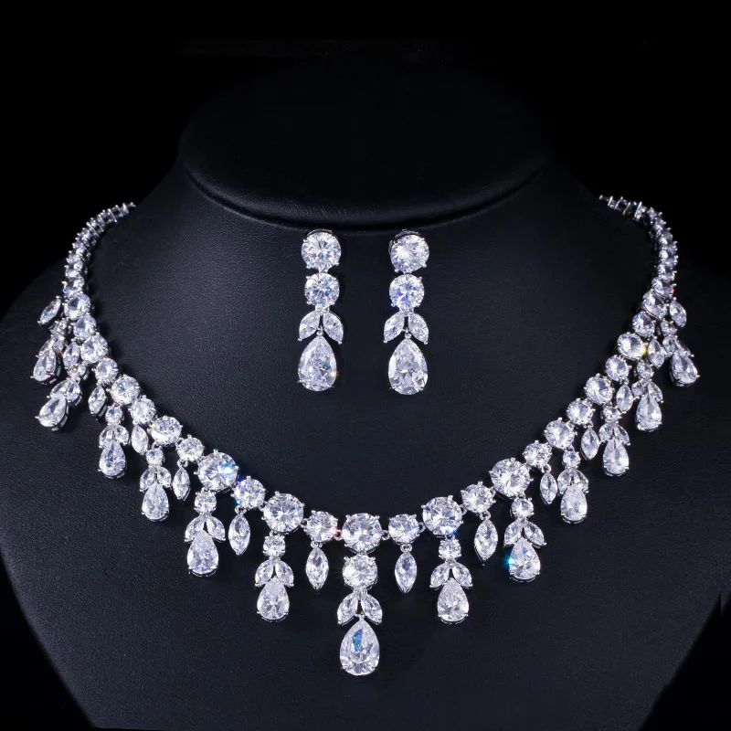 CWWZircons Luxury Dark Blue Women Wedding Party Dress Jewellery Big Dangle Drop Bridal CZ Necklace Earrings Jewelry Sets T341