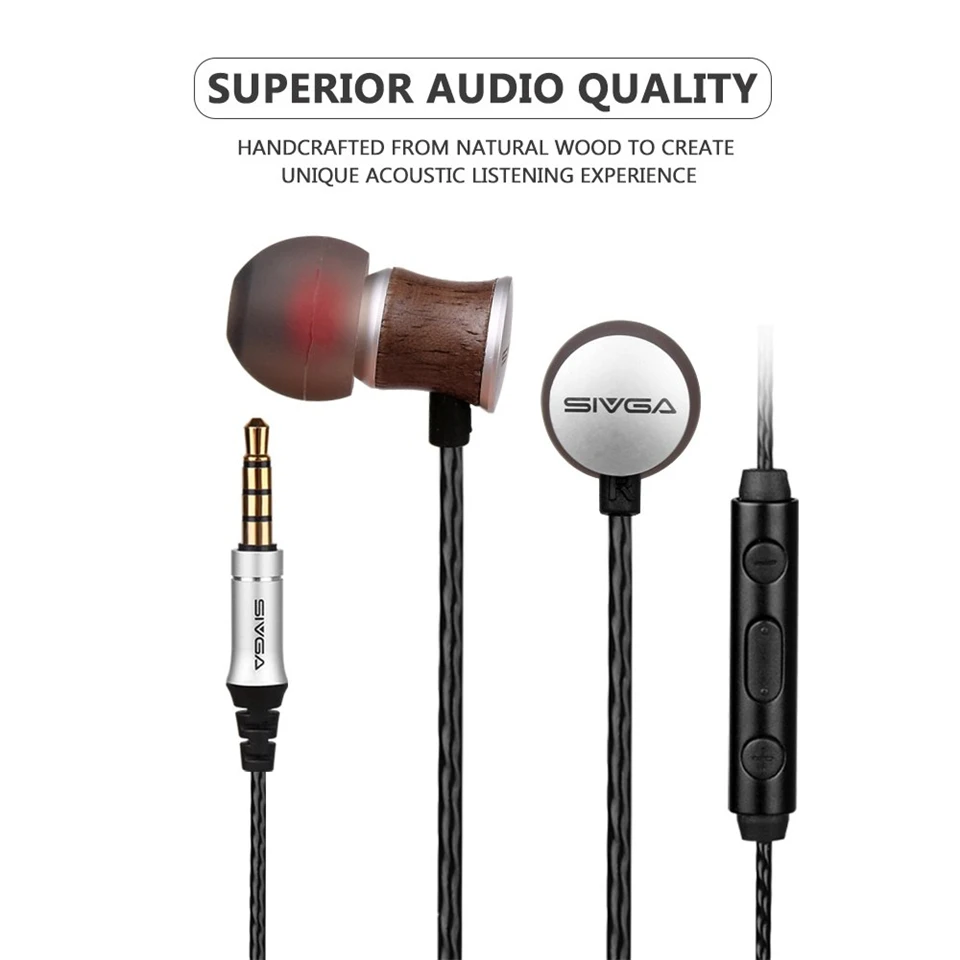 SIVGA M008 Wooden Wired Earphones Bass Music 3.5mm Dynamic Monitor Outdoor In-Ear Earpiece HiFi Stereo Earbuds with Microphone