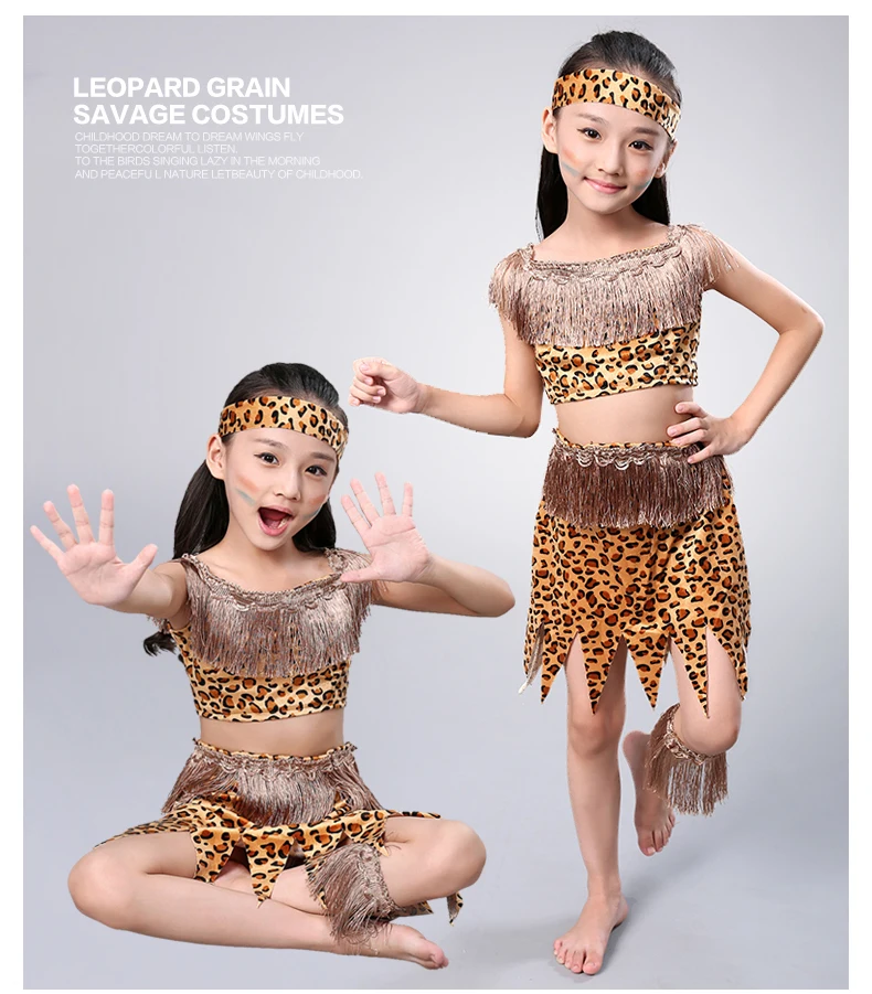 Kid Halloween Girl Savage Costumes For Boy Savage Indian Girl Leopard Stage Performance Props Child Hunter Flintstones Primitive