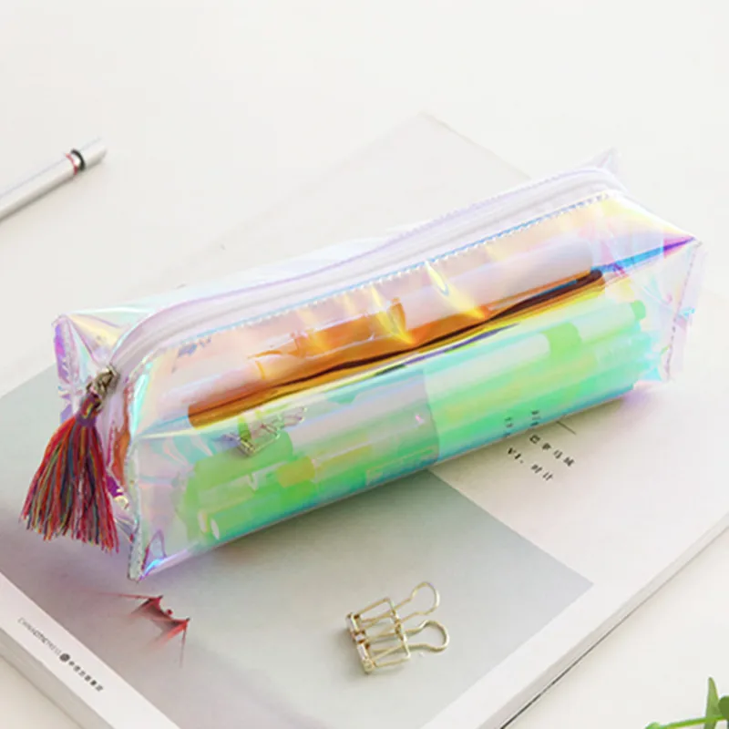 Cool Laser Transparent Color Pencil Case Fresh Art Stationery Tassel Pouch Cosmetic Bag Pen Bag Student Gifts Offic Supplies