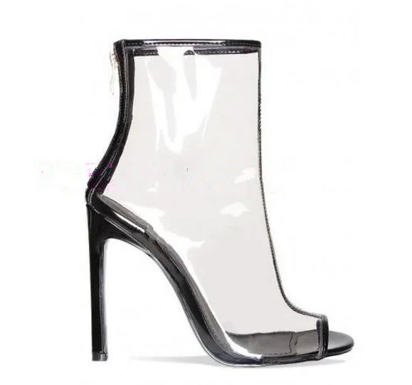 Summer new PVC transparent sexy ankle boots back zipper thin heels peep toe patchwork night club booties sandal heels