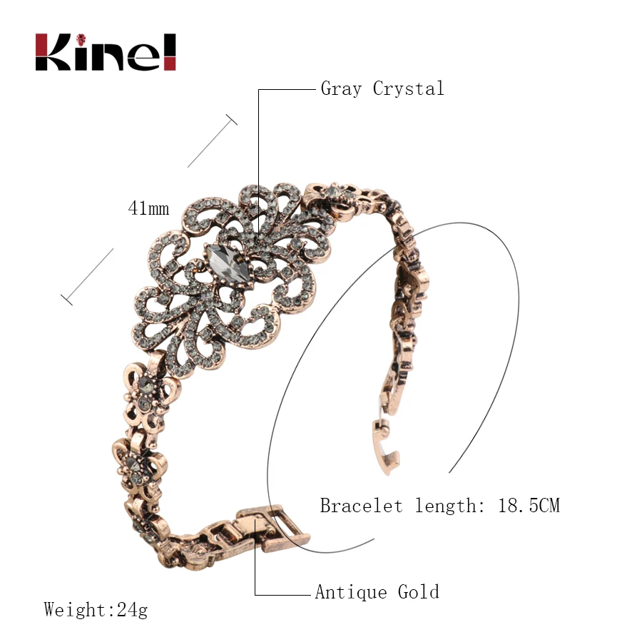 Kinel Luxury Gray Crystal Flower Bracelet For Women Antique Gold Turkish Wedding Jewelry 2018 New