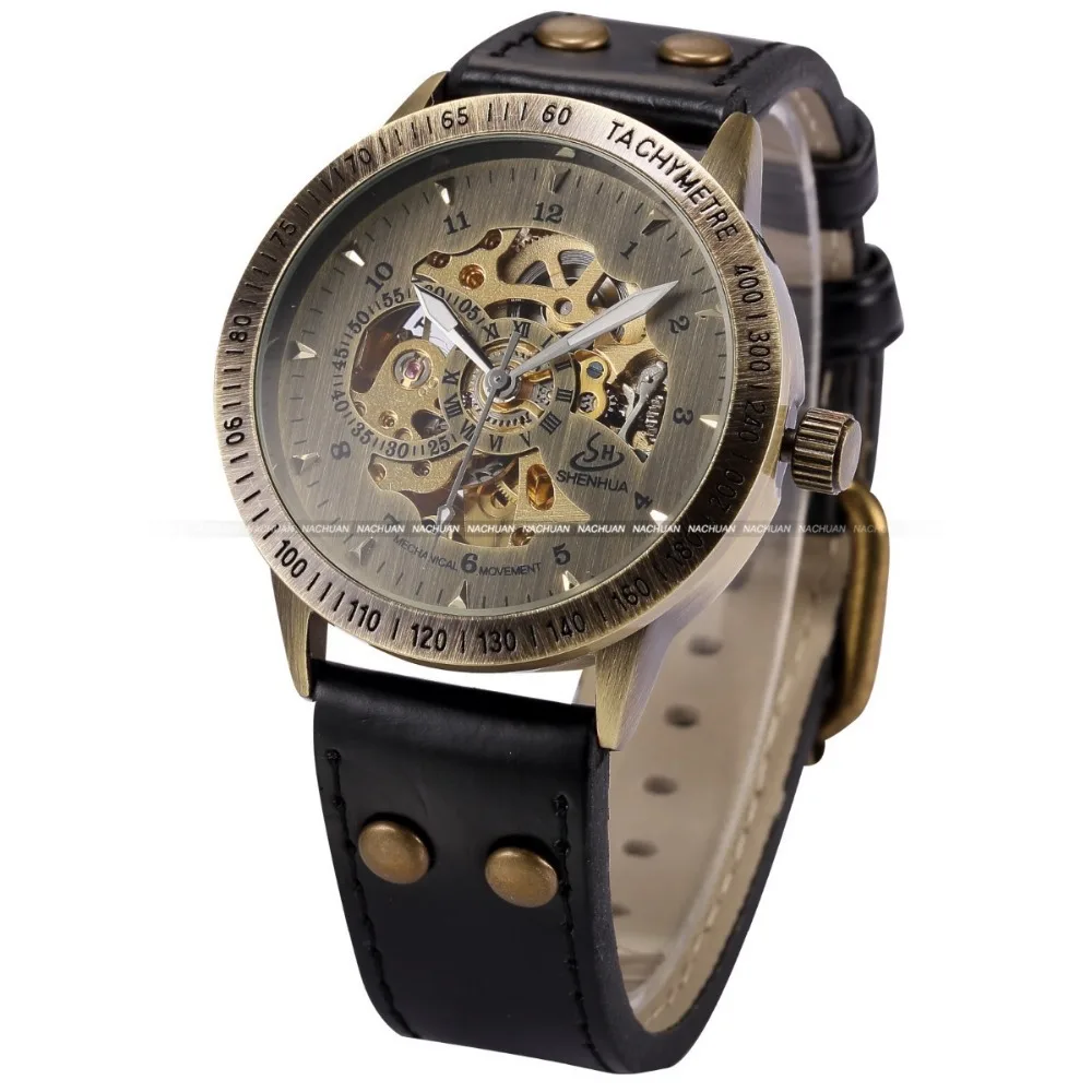 SHENHUA Vintage Bronze Automatic Skeleton Mechanical Watches Men Leather Self Wind Wrist Watch Casual Clocks Relogio Masculino