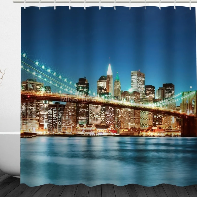 New York Night view of Brooklyn Bridge Design Custom Shower Curtains Bathroom Waterproof Mildew Polyester Fabric + 12 Hooks