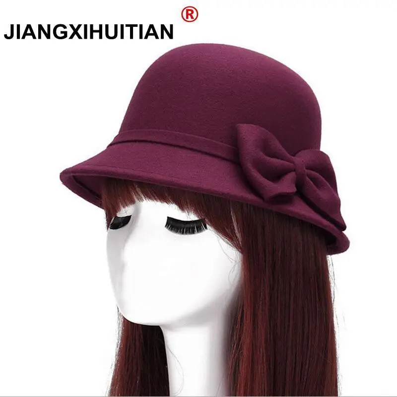 2017 Spring Fashion Vintage Women Ladies Wool Fedora Hat Bucket Dome Bell Bow Felt Hats Women Cap Hats Hat 6 color