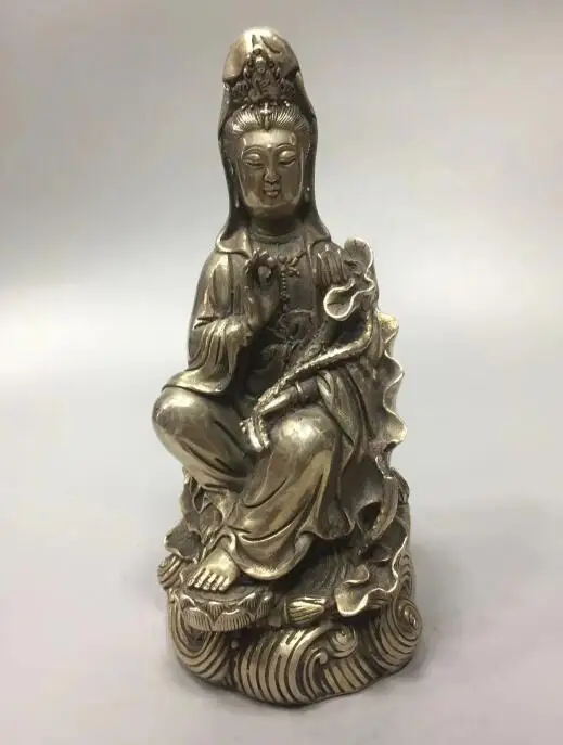 

China collection archaize white copper the lotus Guanyin bodhisattva Buddha statue