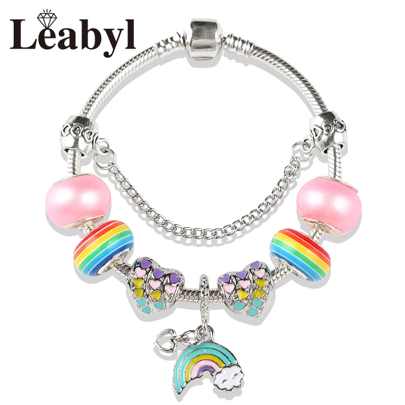 Leabyl Cute Rainbow Heart Moon Pendant Charm Bracelet Colorful Crystal DIY Bead Bracelet for Women Child Fashion Jewelry Gift