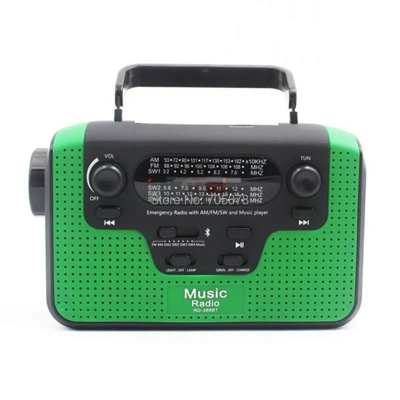 Dinamo multifuncional FM/AM/SW1-SW4 (tarjeta TF), Radio Solar con manivela manual, Altavoz Bluetooth, cargador de teléfono USB, linterna LED