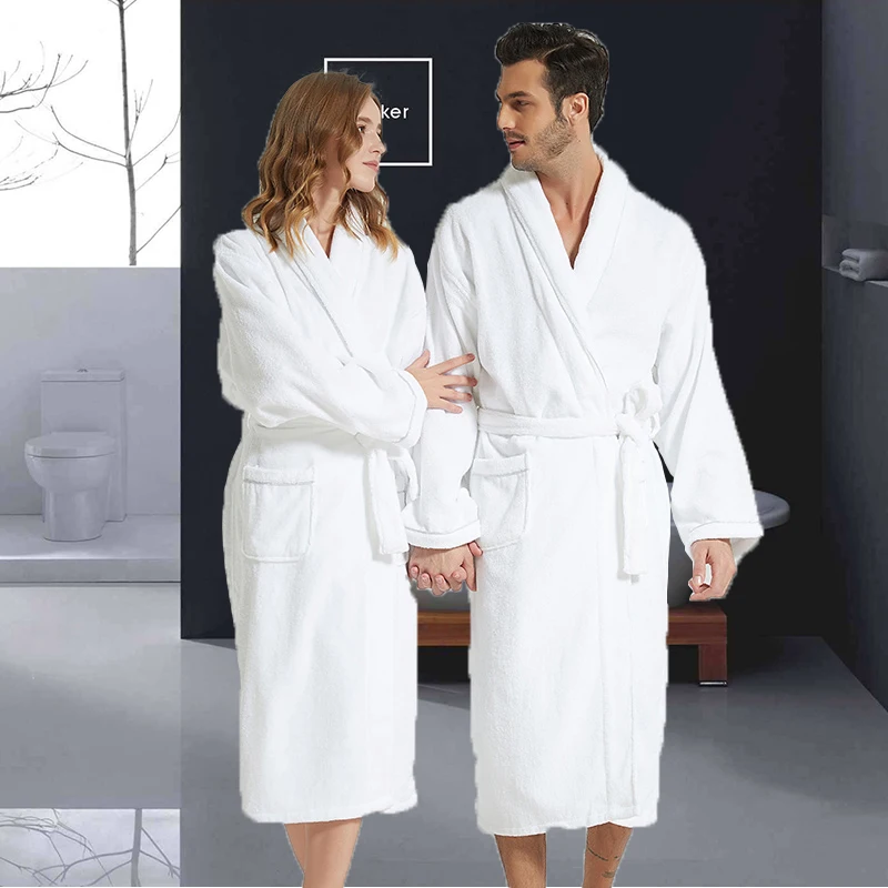 Accappatoio da uomo in cotone spesso, Kimono, caldo pile, indumenti da notte in spugna, accappatoio lungo, Spa dell'hotel, accappatoio lungo bianco, autunno