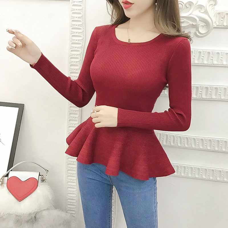 2021 Autumn Winter Long Sleeve Ruffle Pullover Women Sweater Knitted Sweaters O-Neck Tops Korean Pull Femme Jumper Female Black