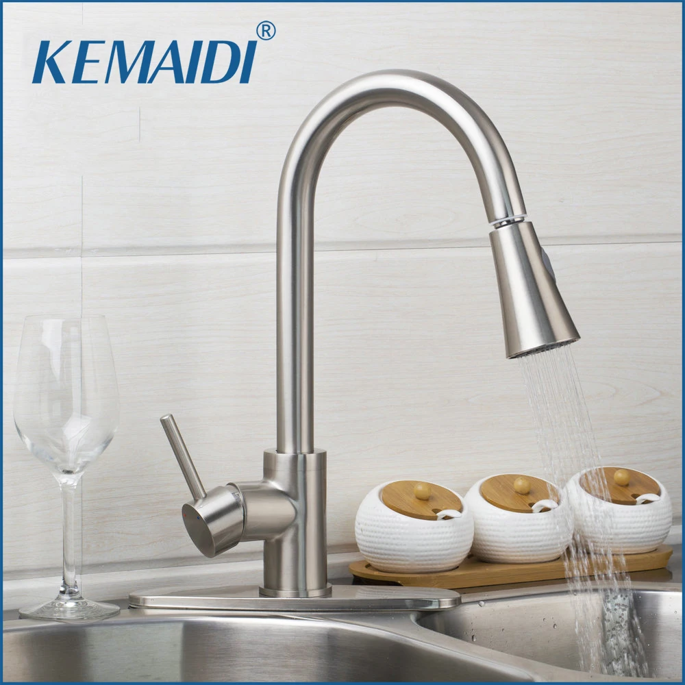 KEMAIDI US Pull Out Spray Kitchen Faucet Tap Brushed Nickel Mixer Single Hand Kitchen Taps Mixer Brass With Cover Plate