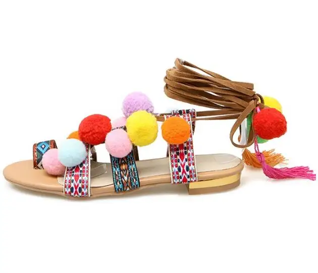 Estate della ragazza Stile Folk Multi Bobbles Sfera Della Decorazione Sandali Stivali Estate Tacchi alti Gamba Bendaggio Con Frange Lace up Beach Botas