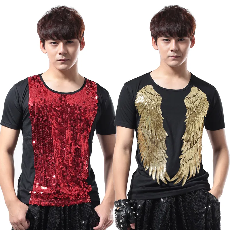 Men Summer Slim Paillette Short-sleeve T-shirt Costumes Stage show Performance wear Men's clothing dj male costume