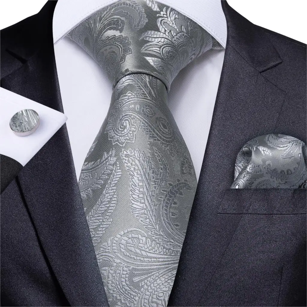 Mens Necktie Silver Solid Paisley Wedding Tie For Men Handkerchief Cufflinks Silk Tie Set DiBanGu Designer Business Party N-7182