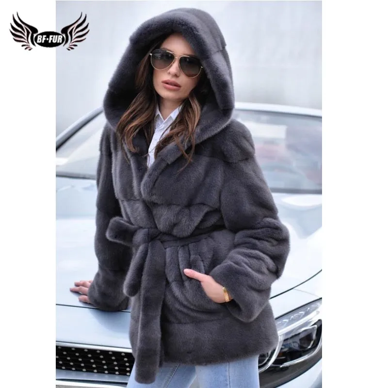 BFFUR-Manteau en Fourrure group de Vison pour Femme, Veste d'Hiver avec Capuche, Combinaison en Cuir à la Mode