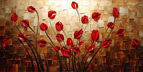 

handpainted Oil Painting on canvas Palette knife Thick Paint Red Flowers Modern Home Art Wall Living Room Decor Picture Floral