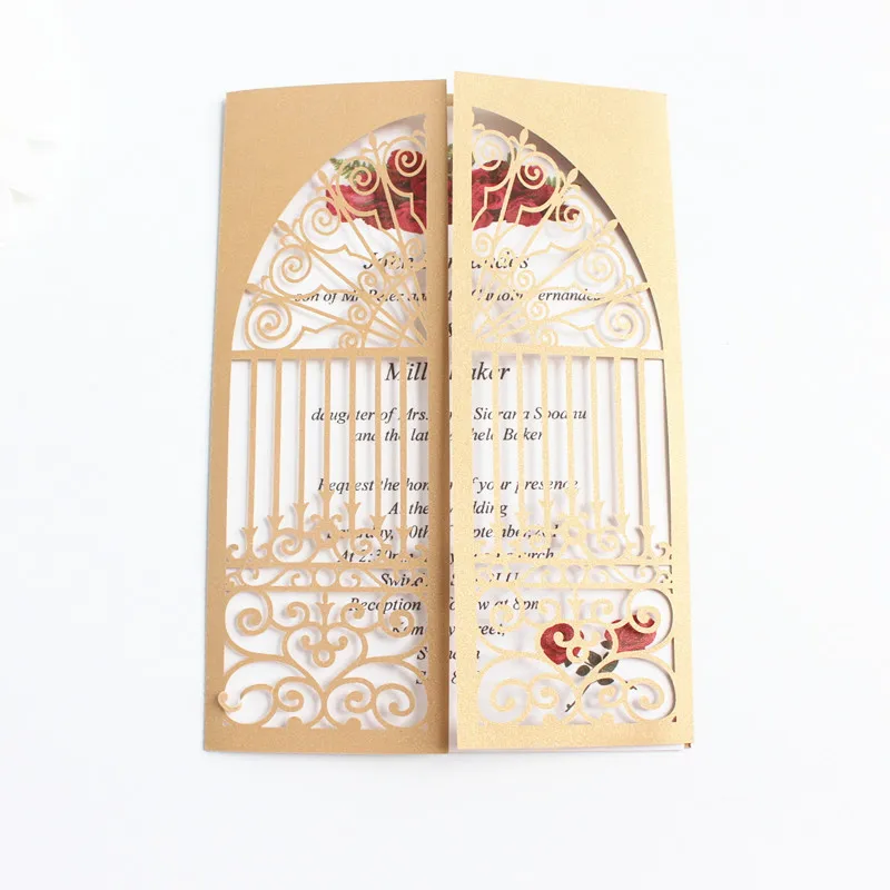 Gold wedding invitation with glittery rhinestone burgundy lace decoration palace gate folded laser paper invites 50pcs