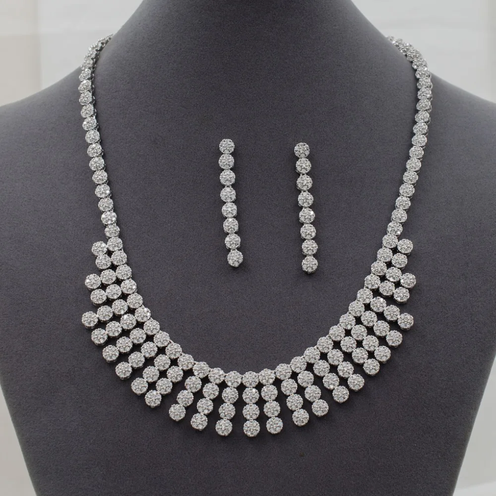 

High Quality Cubic Zirconia Dots Bridal Wedding Necklace Earring Bracelet Chains Ring 4 Pieces Set B16530