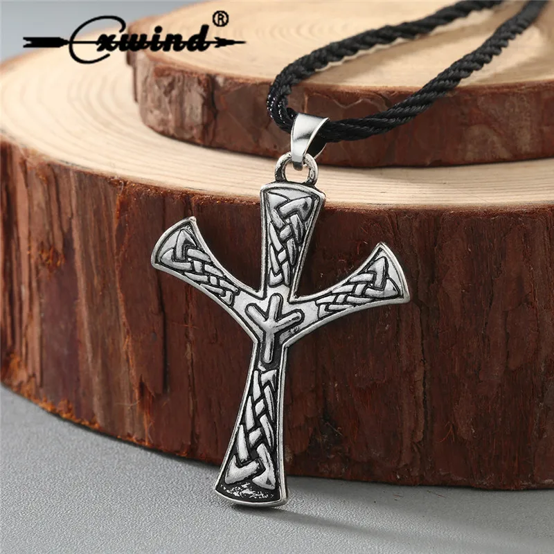 Cxwind Vintage Algiz Rune Talisman Life Rune Amulet Necklaces Pendants Viking Runes Opposition Charm Cross Necklace Jewelry