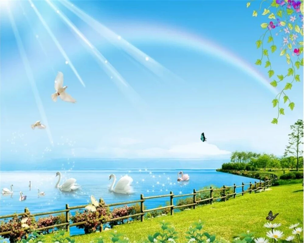 

beibehang Modern Nature scenery rainbow swan Wallpaper Background Blue sky and white clouds Wallpaper Home Decor papel de pared