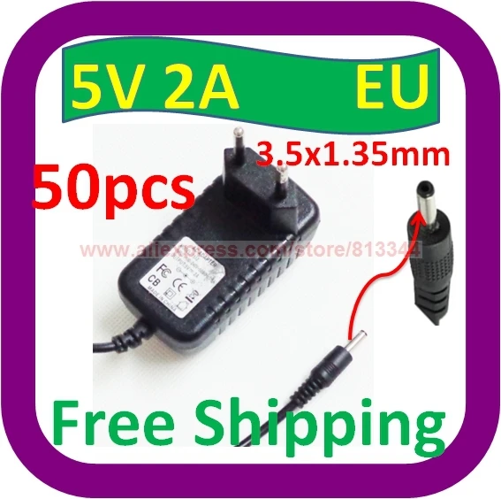 50 pcs Free Shipping 5V DC 2A 2000mA AC Adapter 3.5mm x 1.35mm EU plug Home Wall Charger Power Supply Cord