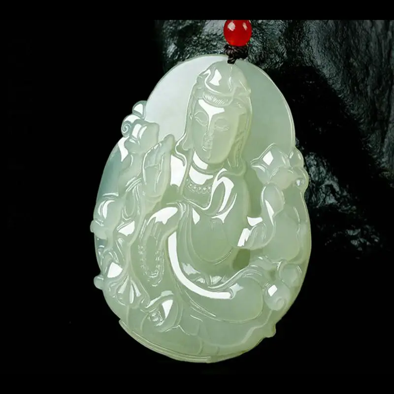 

China Jade Carving Great Master Hand-Carving Natural Gray Jade GuanYin With Lotus flower Lucky jadite Amulet Pendant*Certificate