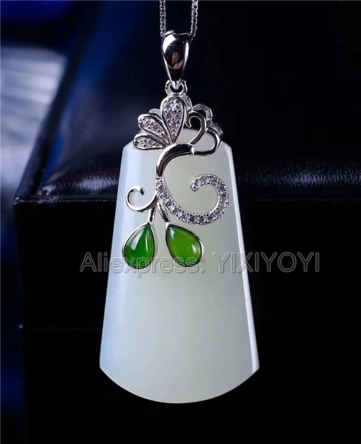 

Beautiful Real 925 Silver White Green HeTian Jade Phoenix Long Strip Lucky Pendant + Free Necklace Fine Jewelry Certificate