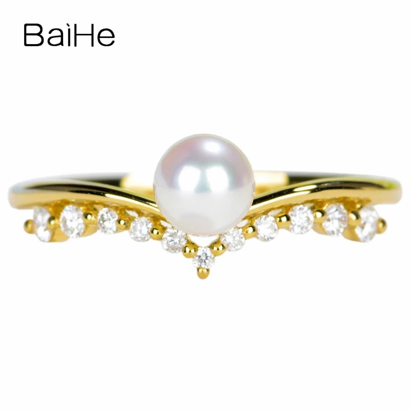 

BAIHE Solid 14K Yellow Gold 4.8mm Round Freshwater Pearl Wedding Women Classic Fine Jewelry Beautiful pearl crown diamond Ring