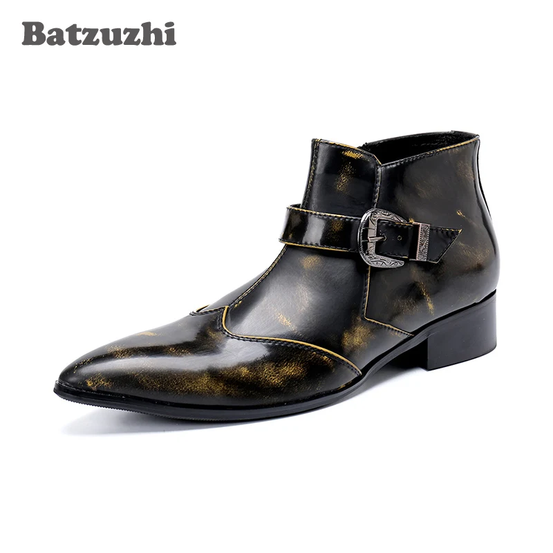 Batzuzhi Western Cowboy Men Boots Ankle Pointed Toe Bronze Leather Boots Botas Militares Botas Hombre Work Shoes, Pluz Size 46