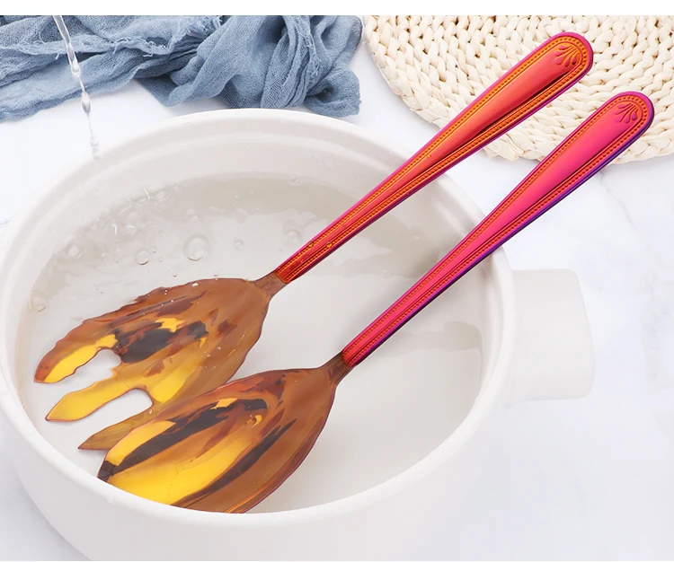 Big Salad Spoon Fork Set Stainless Steel Kitchen Food Server Pasta Utensils Public Gold Tableware Using Buffet Restaurant Tools