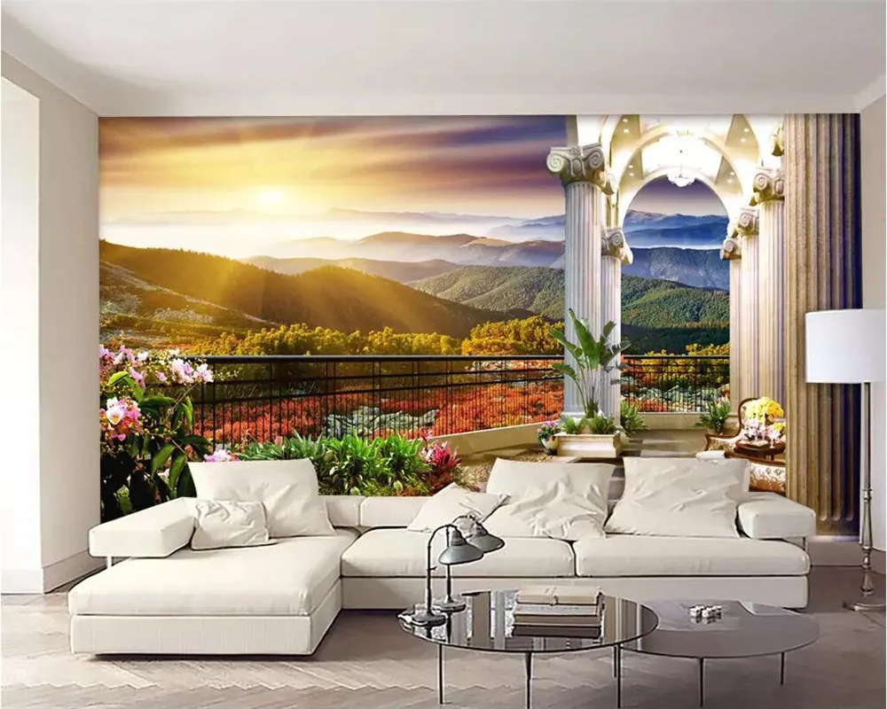 beibehang Custom wallpaper 3d photo mural villa window balcony sunrise natural landscape background wallpaper 3d papel de parede