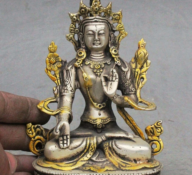 

Copper Brass craft Tibet Buddhism Silver Gilt 7 Eyes White Tara Compassion Goddess Buddha Statue