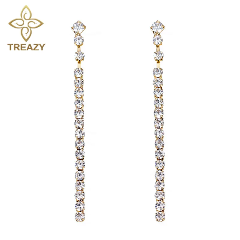 TREAZY Simple Style Crystal Bridal Long Strip Earrings Gold Color Rhinestone Dangle Earrings For Women Wedding Jewelry Gifts