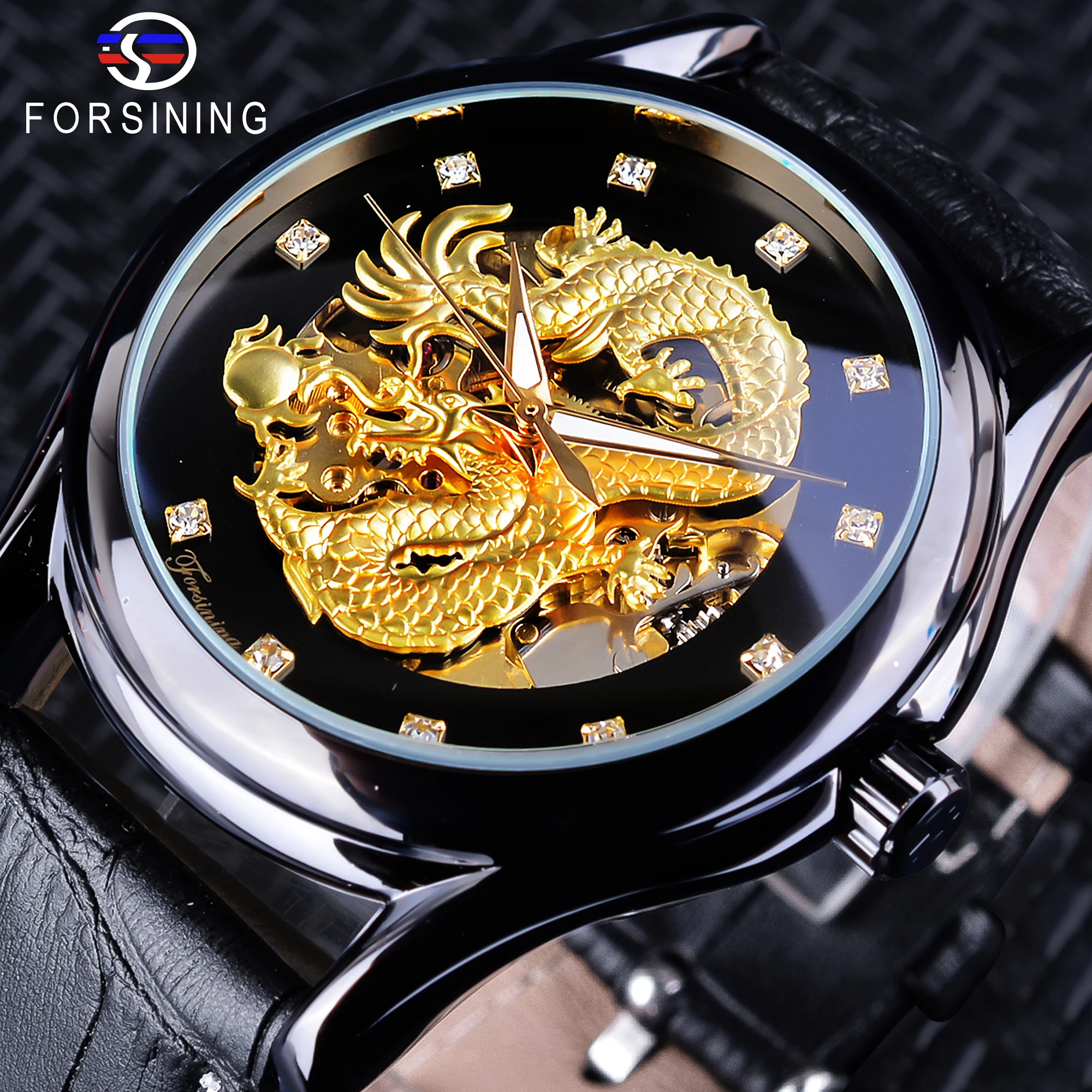 

Forsining Chinese Dragon Design Diamond Dial Black Golden Men Watch Luminous Hands Top Brand Luxury Waterproof Mechanical Watch