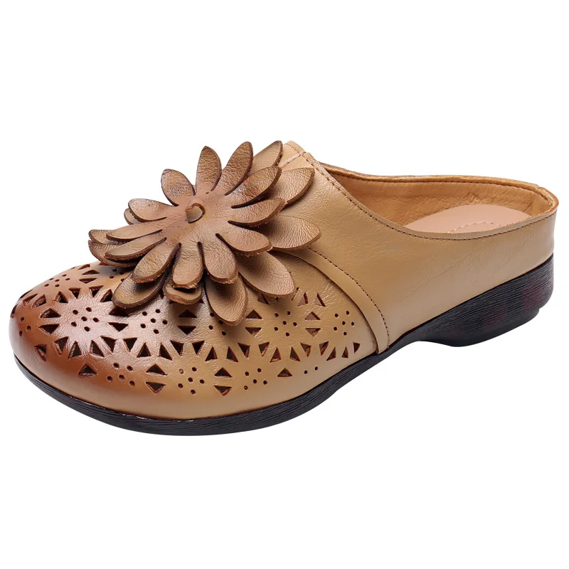 GKTINOO Vintage Genuine Leather Women Slippers Summer Shoes Flat Retro Slip On Flowers Hollow Sandal Shoes Sandalias Mujer