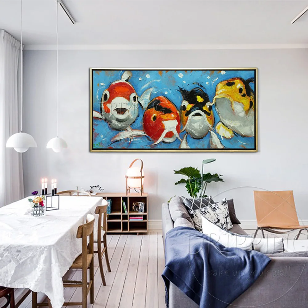 Artist Hand-painted New Design Funny Cute Animal Golden Fish Oil Painting on Canvas Modern Goldfish Oil Painting for Living Room