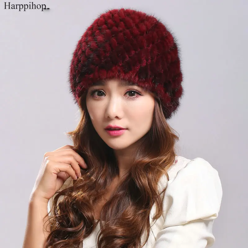 

Genuine Mink Fur Women's Knitted Cap Russian Women Luxury Knit Mink Fur Hat Winter Real Fur Hat Fashion Women Winter Headgear