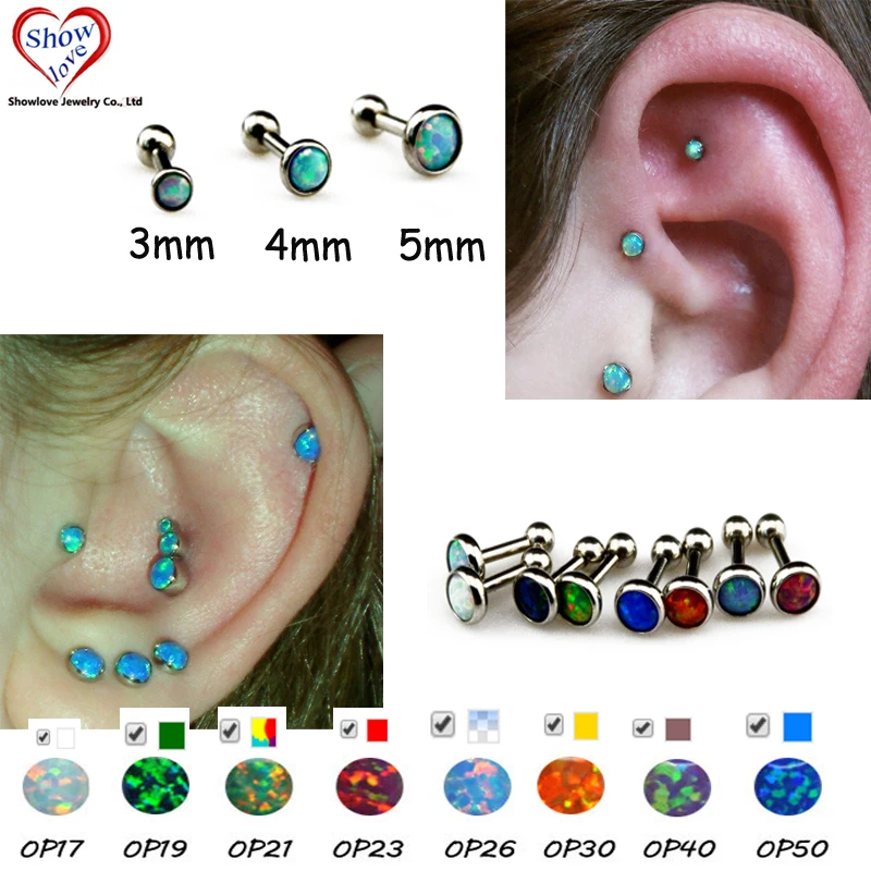 Showlove-1pcs Opal Gem Ear Cartilage Helix Studs Rings Piercing 3mm&4mm&5mm Stud