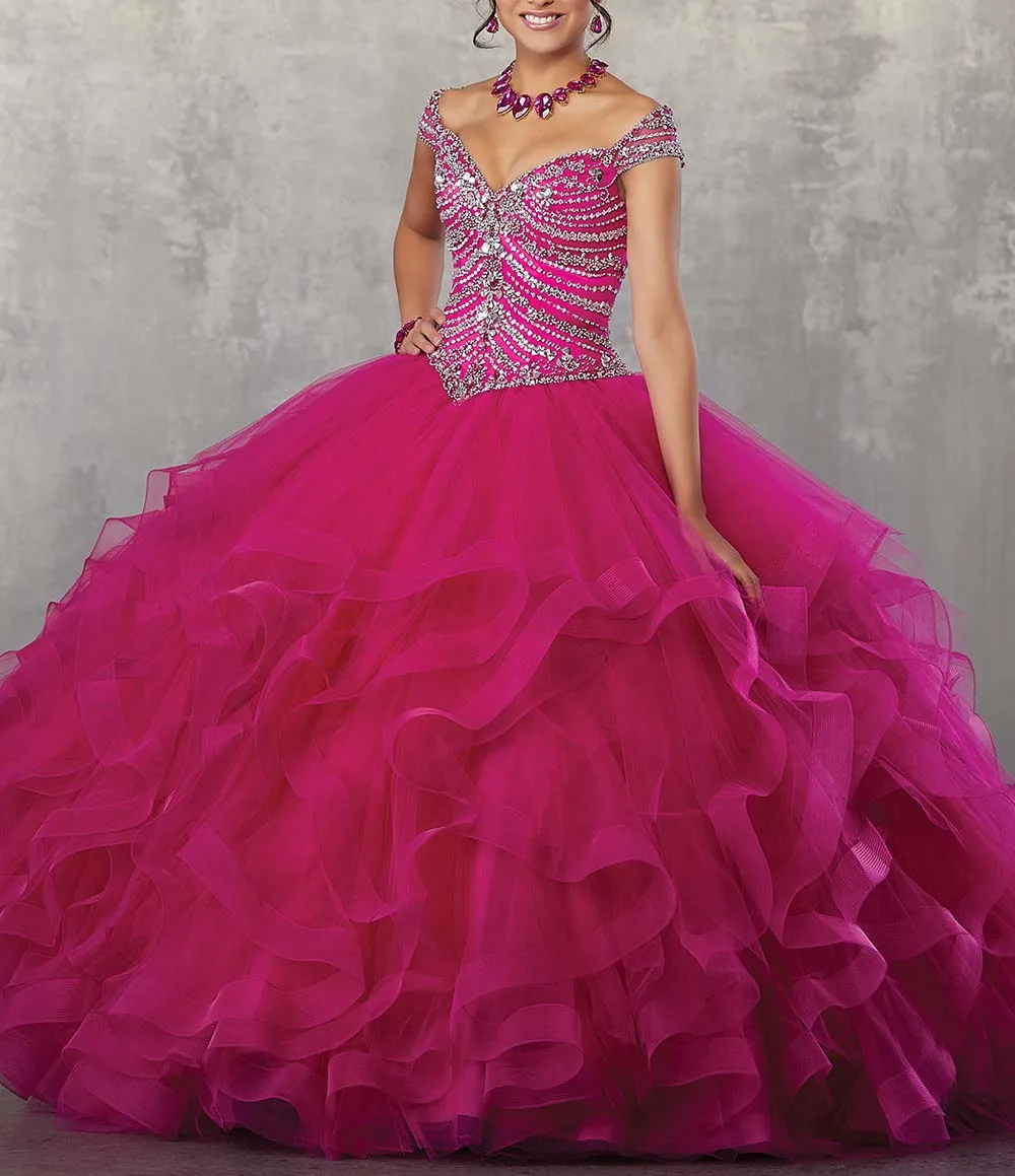 JaneVini 2019 elegancki granatowy niebieskie sukienki quinceanera suknie balowe z dekoltem w kształcie litery V ciężkie koraliki Ruffles Puffy Tulle księżniczka suknie Vestidos 15