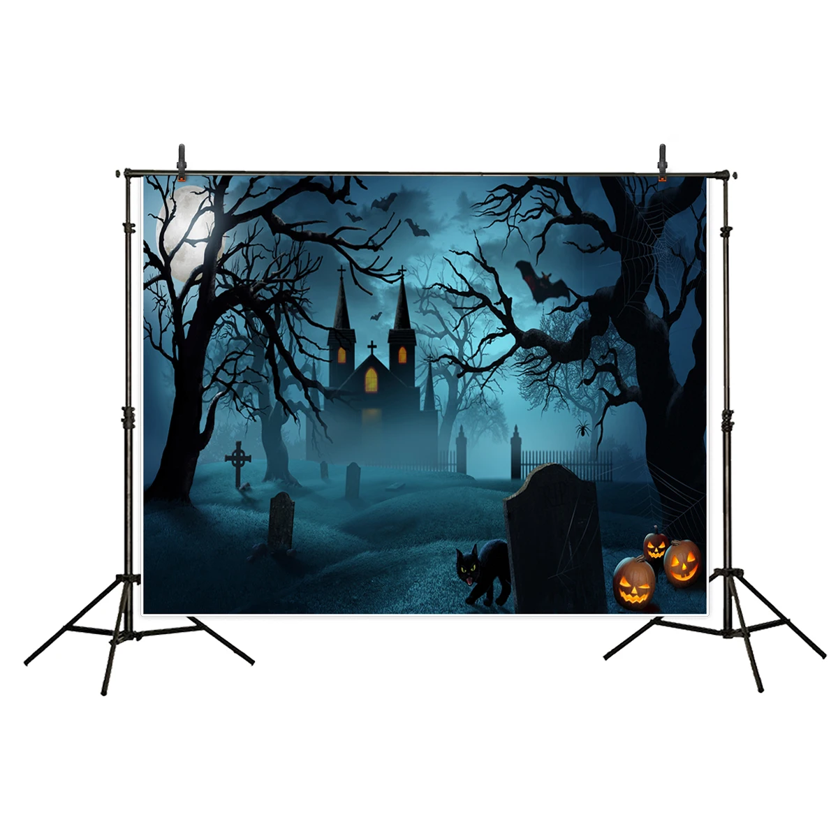 Allenjoy Background Halloween Castle in Night Tombs Moon Forest Crows Pumpkin Lamp Horrible Photostudio for a Photo Shoot