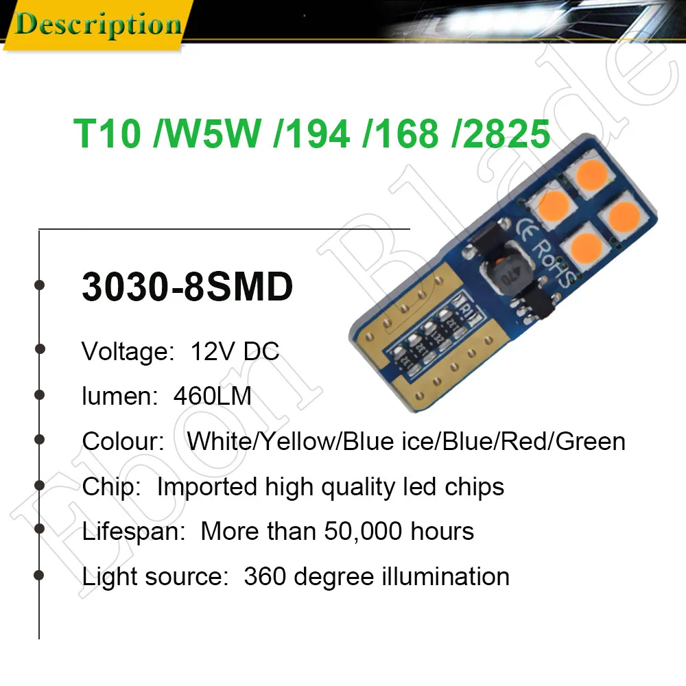2Pcs T10 W5W 12V LED White Red Amber Blue Ice Blue Green Pink CANBUS Error Free For Car Auto Side Wedge Tail Parking position