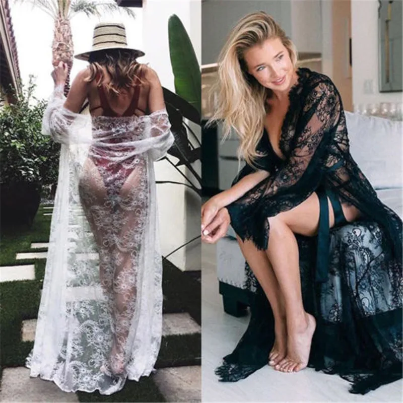 Mulheres cobrir renda tornozelo comprimento cardigan bikini cobrir cor sólida manga longa ver através do vestido quimono com cinto