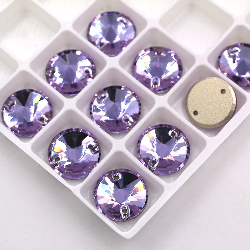 High quality flatback glass sew on rhinestones double hole Round shape Light purple crystal rhinestone diy clothing accessories