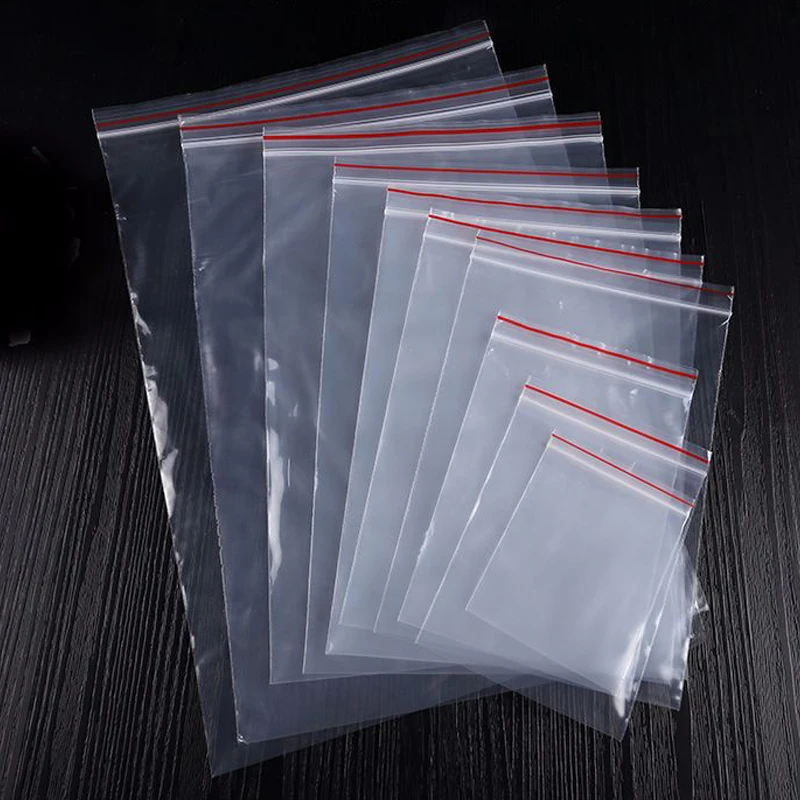 100pcs/pack Thickness 0.05mm Small Zip Lock Plastic Bag Reclosable Transparent Bag Red Edge Vacuum Bag Poly Clear Pouches