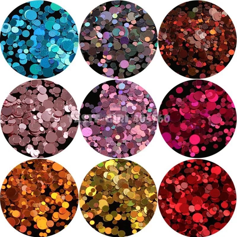 Juego de 12 rejillas de alta calidad, 12 colores mezclados, 3 tamaños, brillo láser holográfico, lentejuelas redondas, calcomanías de lentejuelas para decoración de uñas, CT15 DIY