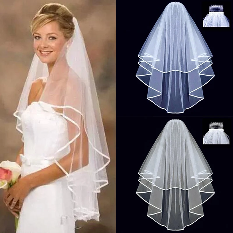 

Veu Noiva Lace Edge Short Wedding Veil Comb White Ivory Two Layers Tulle Bridal Accessories