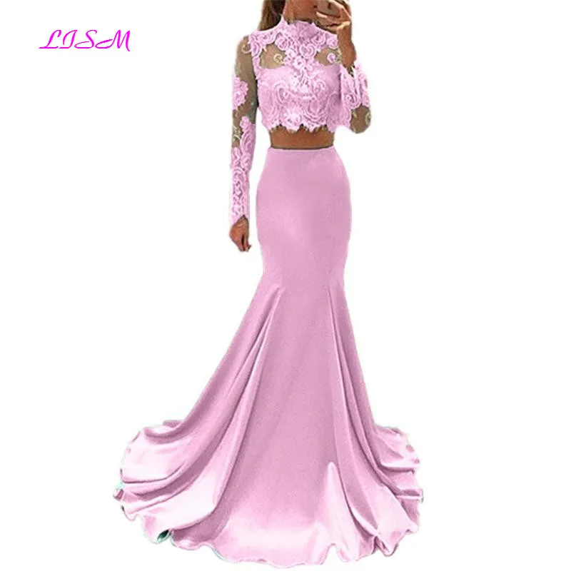 แขนยาวชุดราตรีสำหรับการสำเร็จการศึกษาคอ Mermaid 2ชิ้น Party Gowns ลูกไม้ Applique กวาดรถไฟชุดราตรีชุด