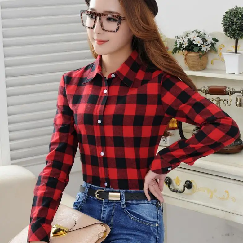 2024 Spring New Fashion Casual Lapel Plus Size Blouses Women Plaid Shirt Checks Flannel Shirts Female Long Sleeve Tops Blouse