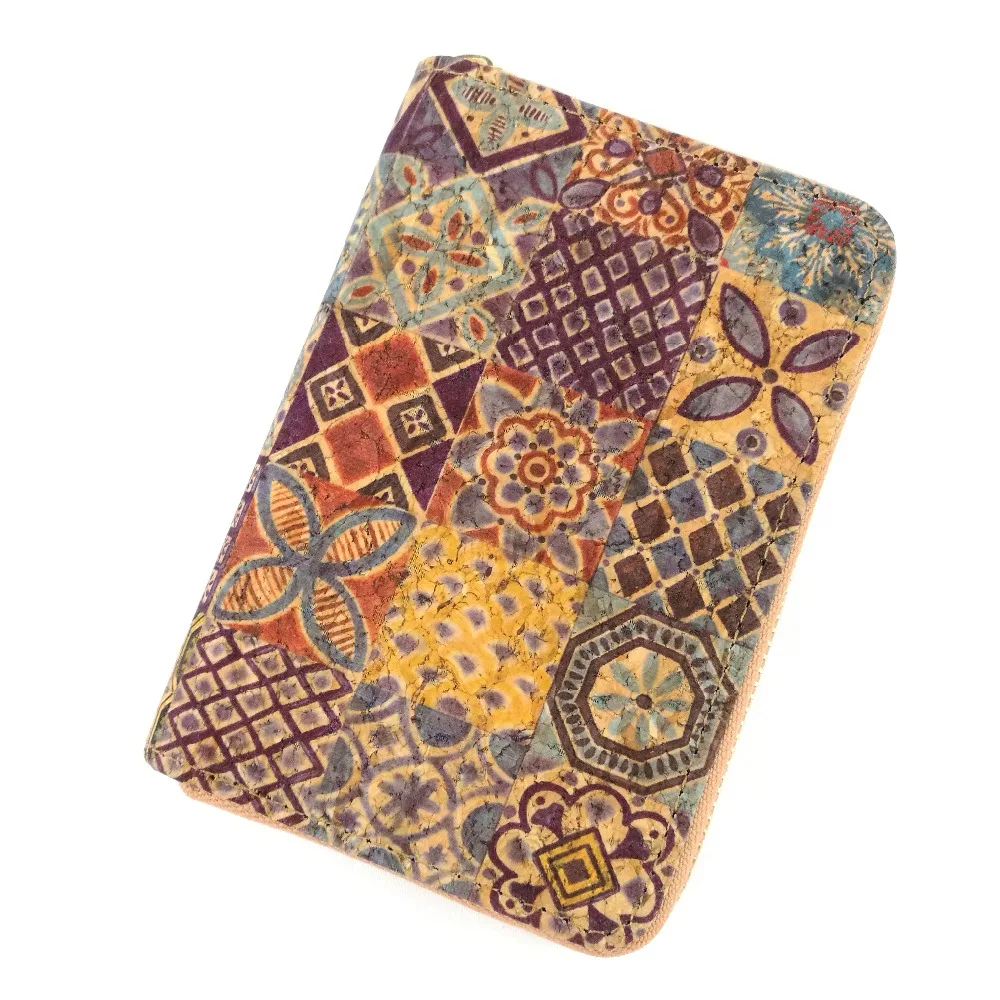 Portugal Tile Pattern Natural Cork Short Card Wallets for Women Vegan Leather Purse